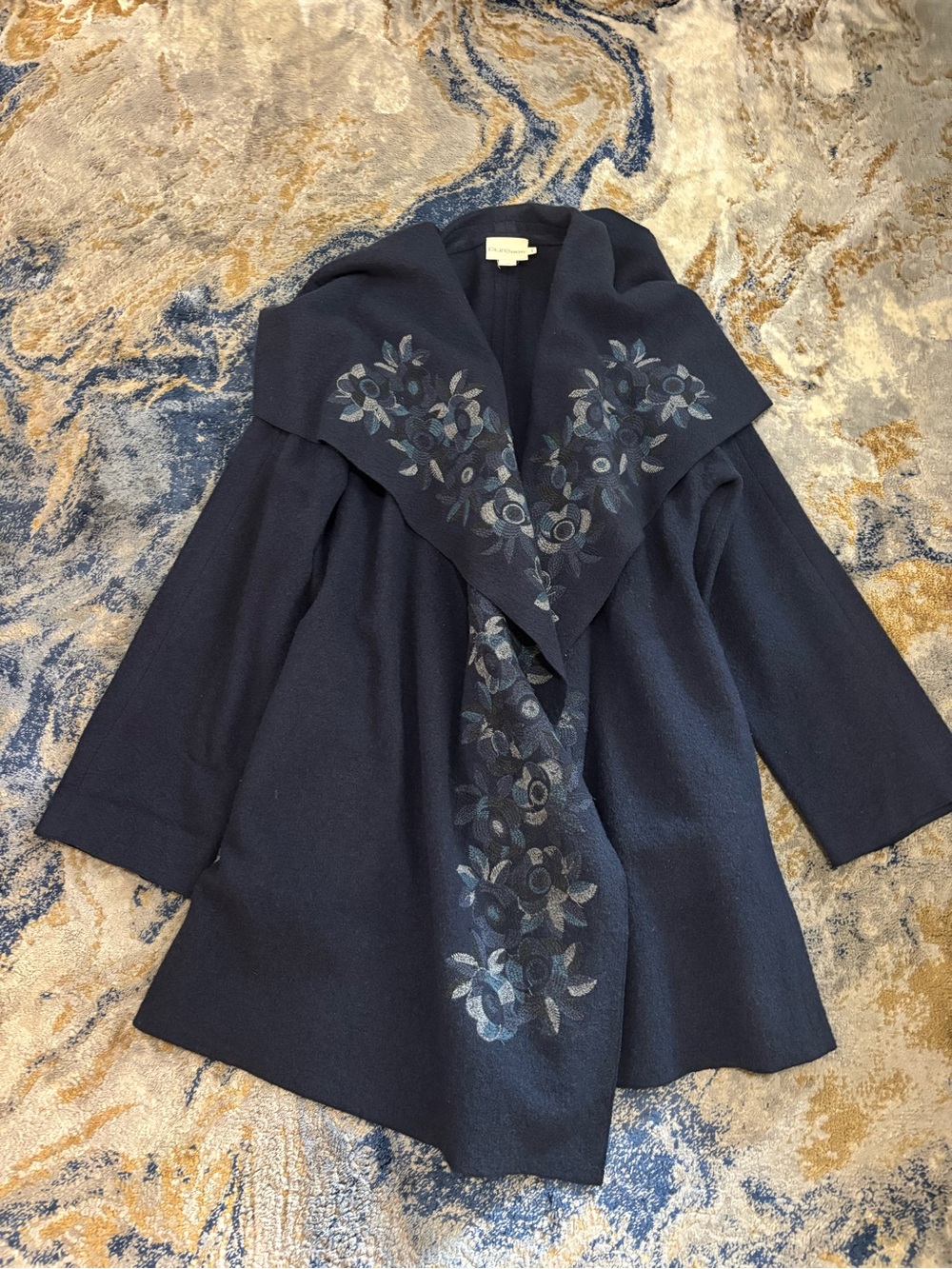Embroidered Navy Shawl-Collar Women’s Coat